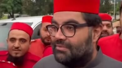 ایمل ولی سرخ کپڑوں میں ملبوس پارٹی گارڈز کی حفاظت میں پارلیمنٹ ہاؤس پہنچ گئے